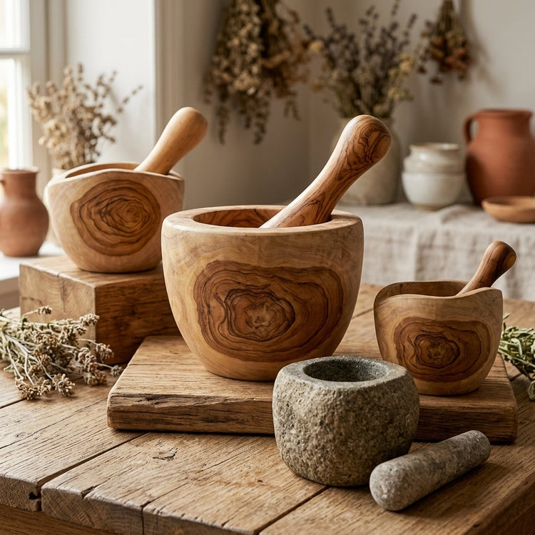 Morteros Artesanales de Teca y Mármol