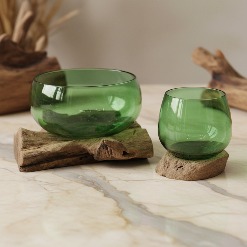 Vidrio reciclado soplado sobre madera