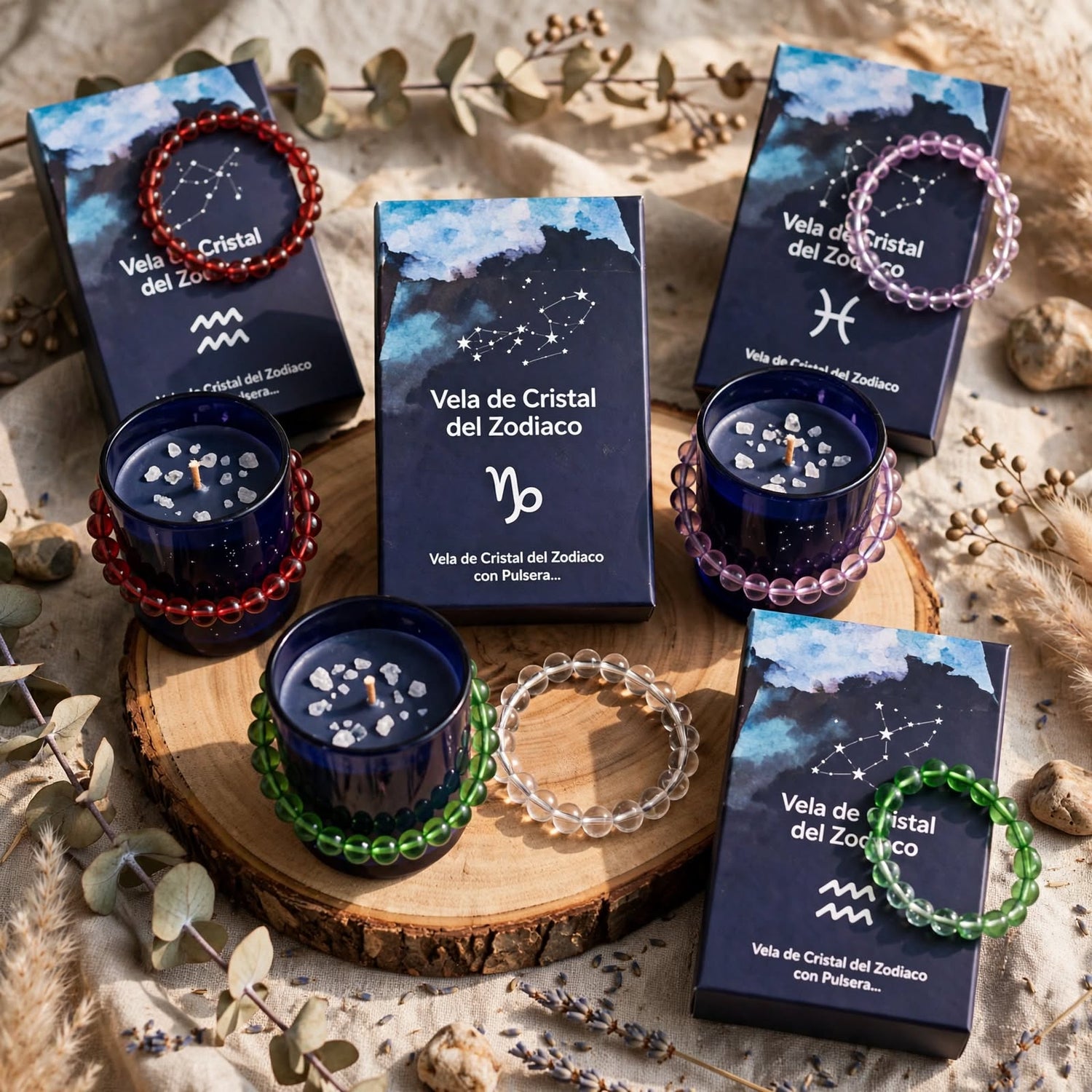 Velas de Cristal del Zodiaco con Brazalete de Piedras Preciosas