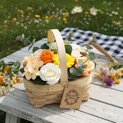 Soap Flower Bouquet in Wicker Basket · Orange