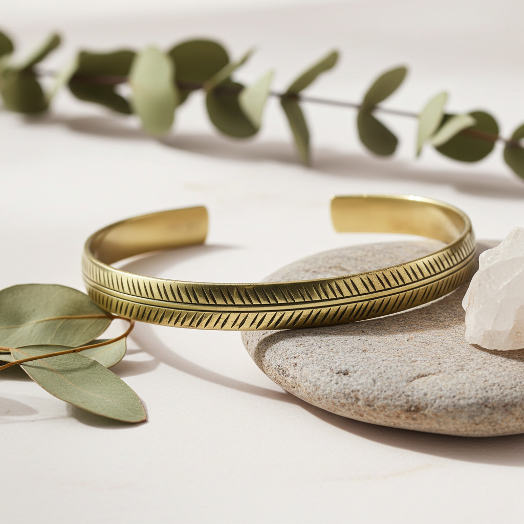 Tibetan Brass Bracelet - Thin Tribal Leaf