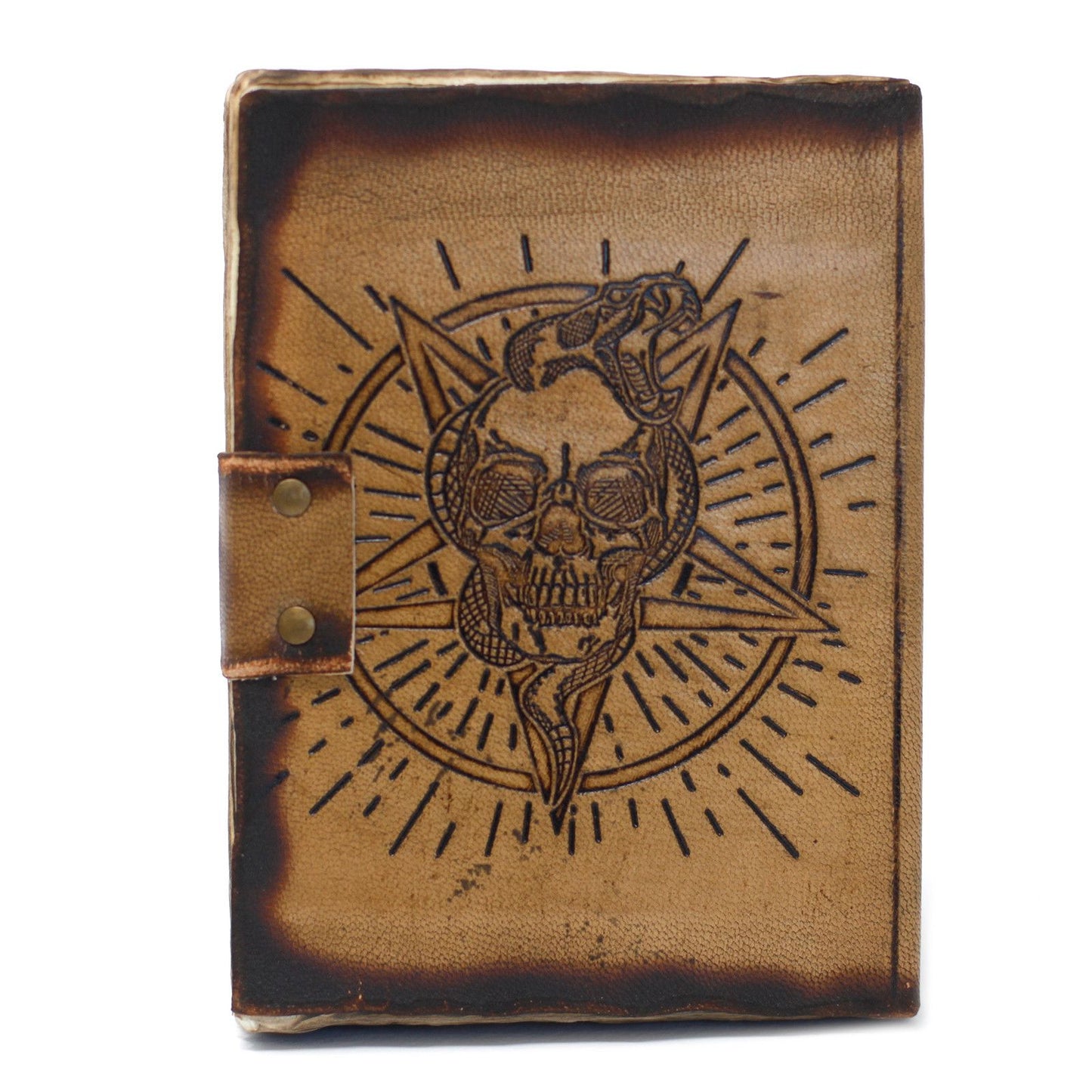 Cuaderno de Cuero Pentáculo y Calavera · Hojas Quemadas