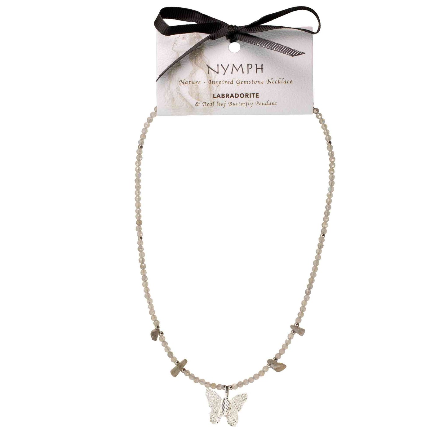 Collar de gema de labradorita Ninfa con colgante de mariposa de hoja real