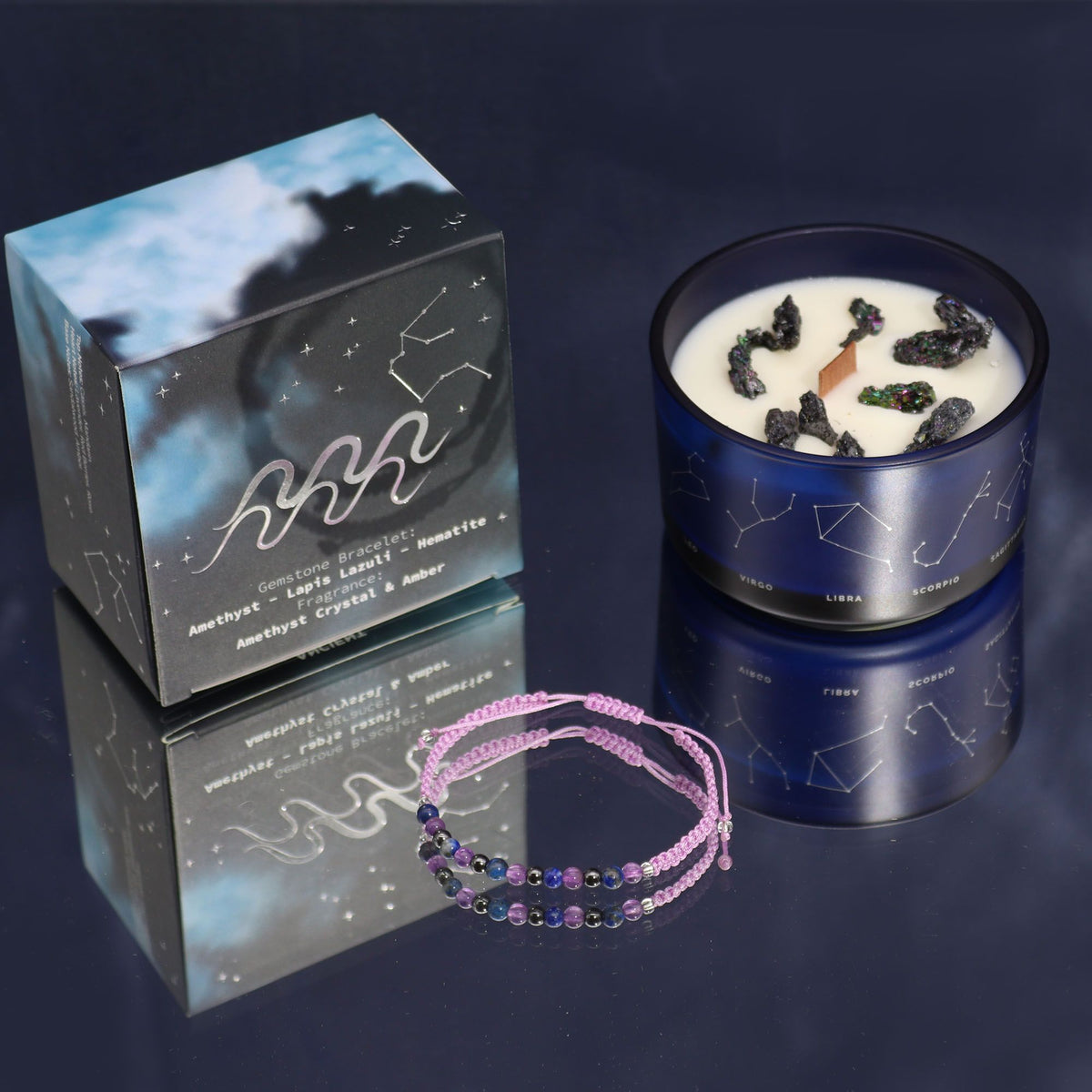 Vela de cristal del zodiaco con pulsera de piedras preciosas - Aquarious - Velas de cristal del zodiaco con brazalete de pied