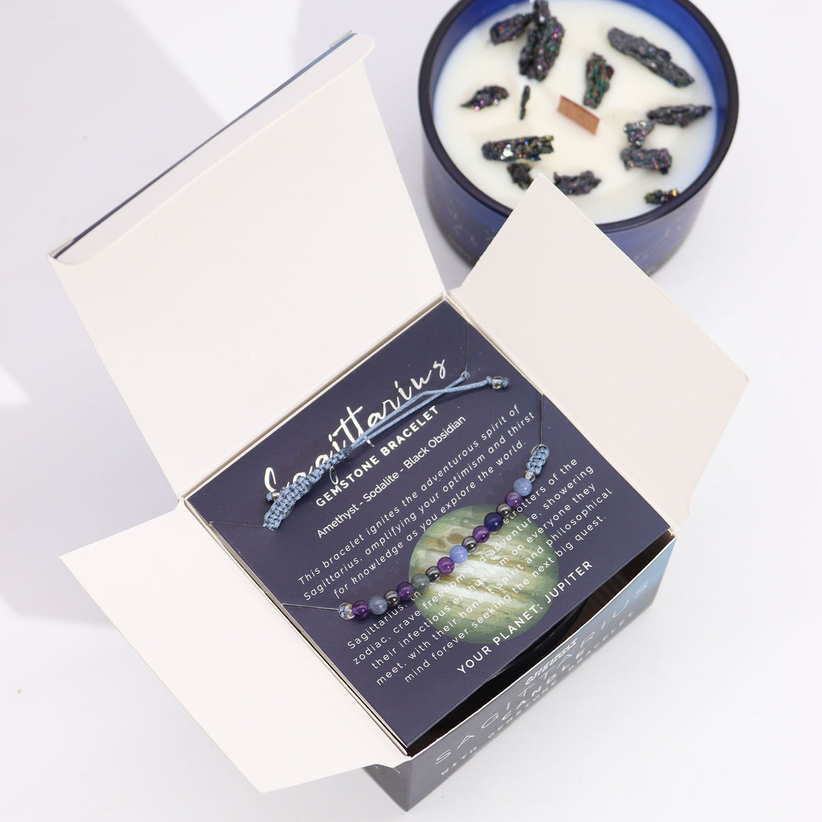 Vela de Cristal del Zodiaco con Pulsera de Piedras Preciosas - Sagitario - Velas de cristal del zodiaco con brazalete de pied