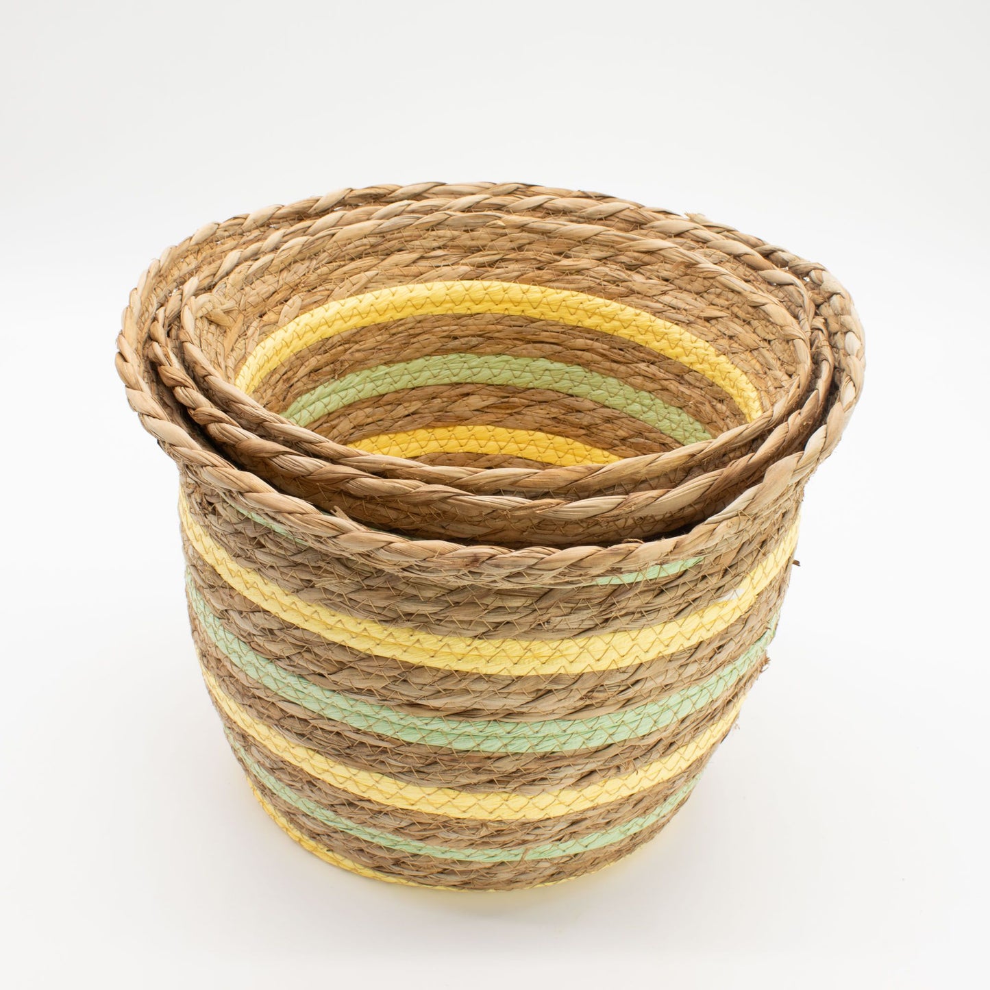 Cestas con forma de jarrón de hierba marina y paja - Amarillo natural y verde - Juego de 3