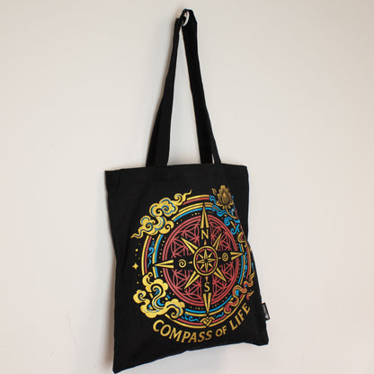 Bolso tote icónico y clásico - Brújula de la Vida - Negro 6oz