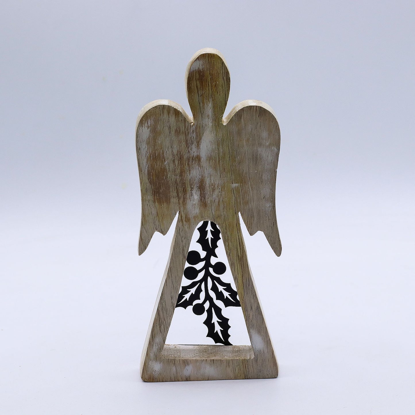 Ángel de madera de mango - acabado lavado blanco con recorte decorativo de hierro