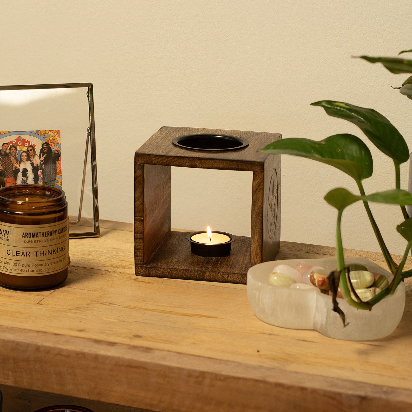 Quemador de aceite de madera de mango cuadrado grande - Pentágono