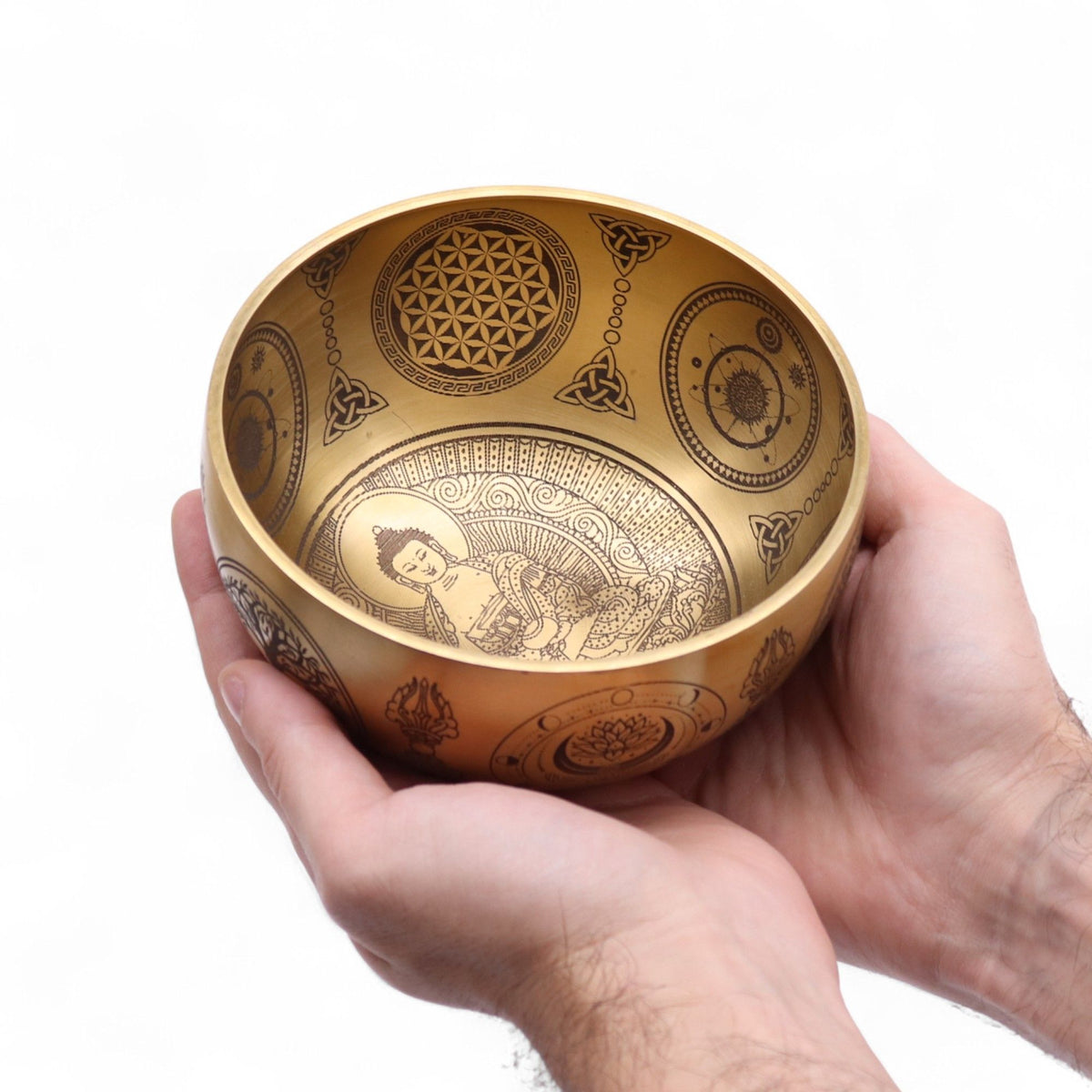 Cuencos Buda grabado en latón puro - Juego de 4 - Aproximadamente 3,85 kg - Artículos Tibetanos