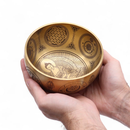 Cuencos Buda grabado en latón puro - Juego de 4 - Aproximadamente 3,85 kg - Artículos Tibetanos