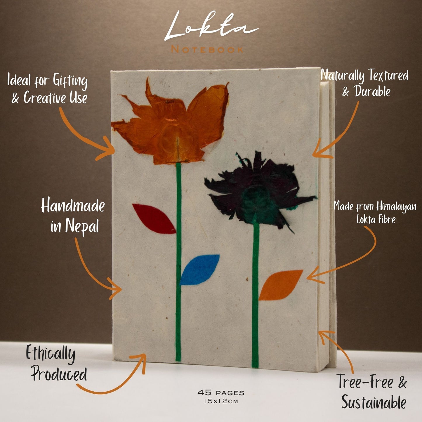 Cuaderno Med Lokta (15x12 cm) - 45 hojas - Diseño floral auténtico del Himalaya elaborado