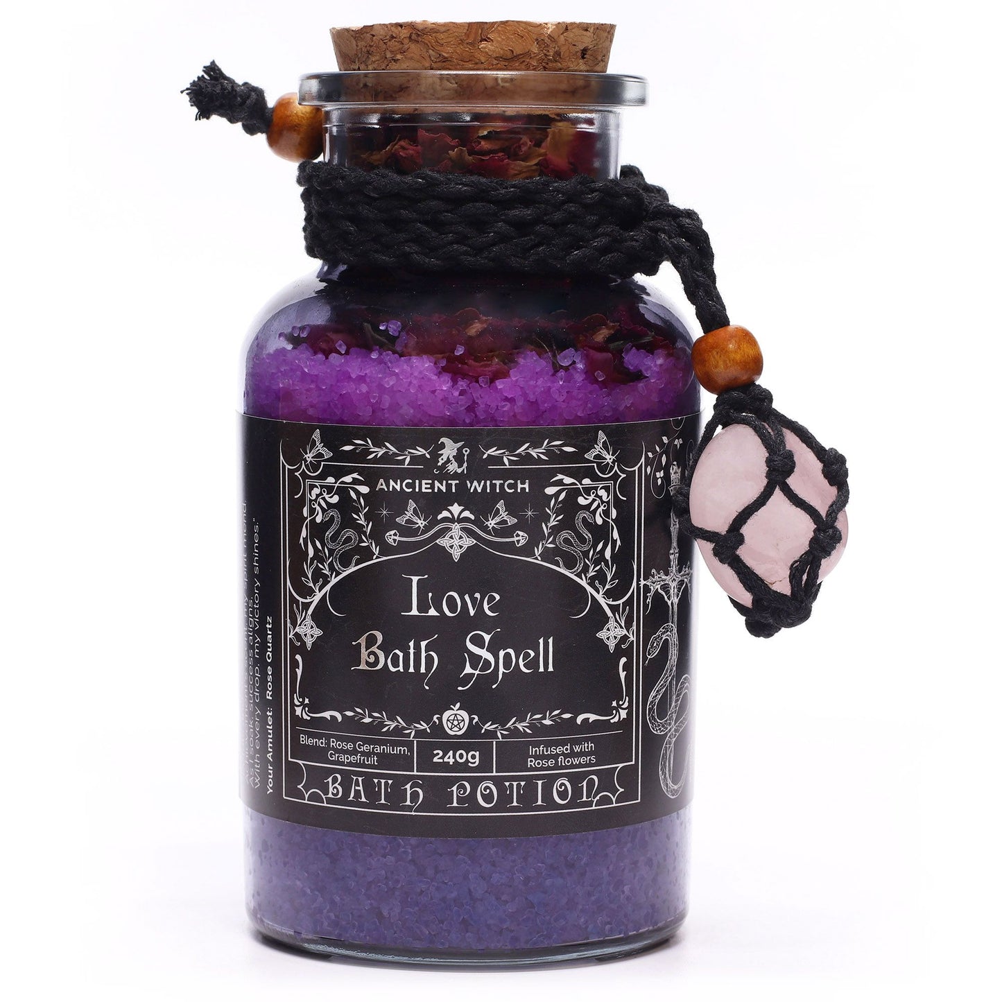 Antiguo hechizo de baño de bruja, poción y amuleto de cristal de cuarzo rosa - Amor