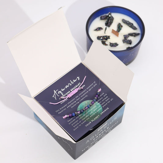 Vela de cristal del zodiaco con pulsera de piedras preciosas - Aquarious - Velas de cristal del zodiaco con brazalete de pied