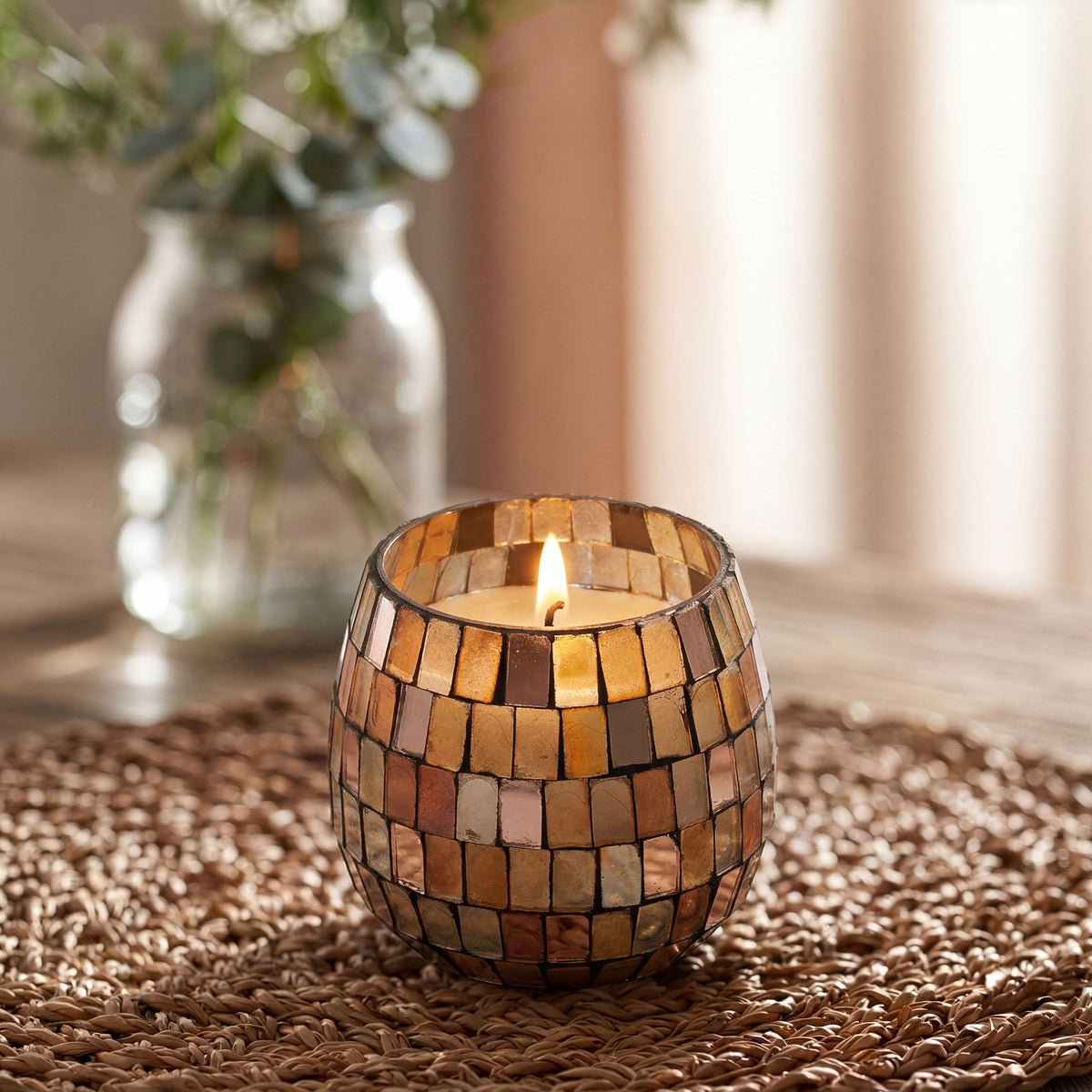 Velas en frascos de vidrio pequeños - Mosaico ámbar