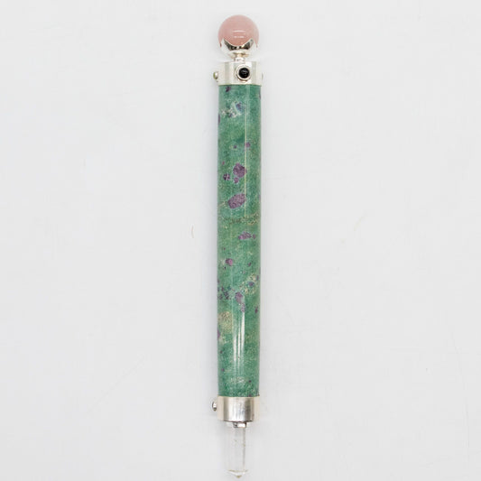 Varita de Corazón Verde - Rubí Fuchsite Cuarzo Rosa con bola de cristal en la parte superior - 23 cm