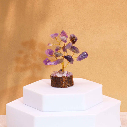 Mini árbol de piedras preciosas sobre base de madera - Amatista (15 piedras) - Mini Árboles De Piedras Preciosas