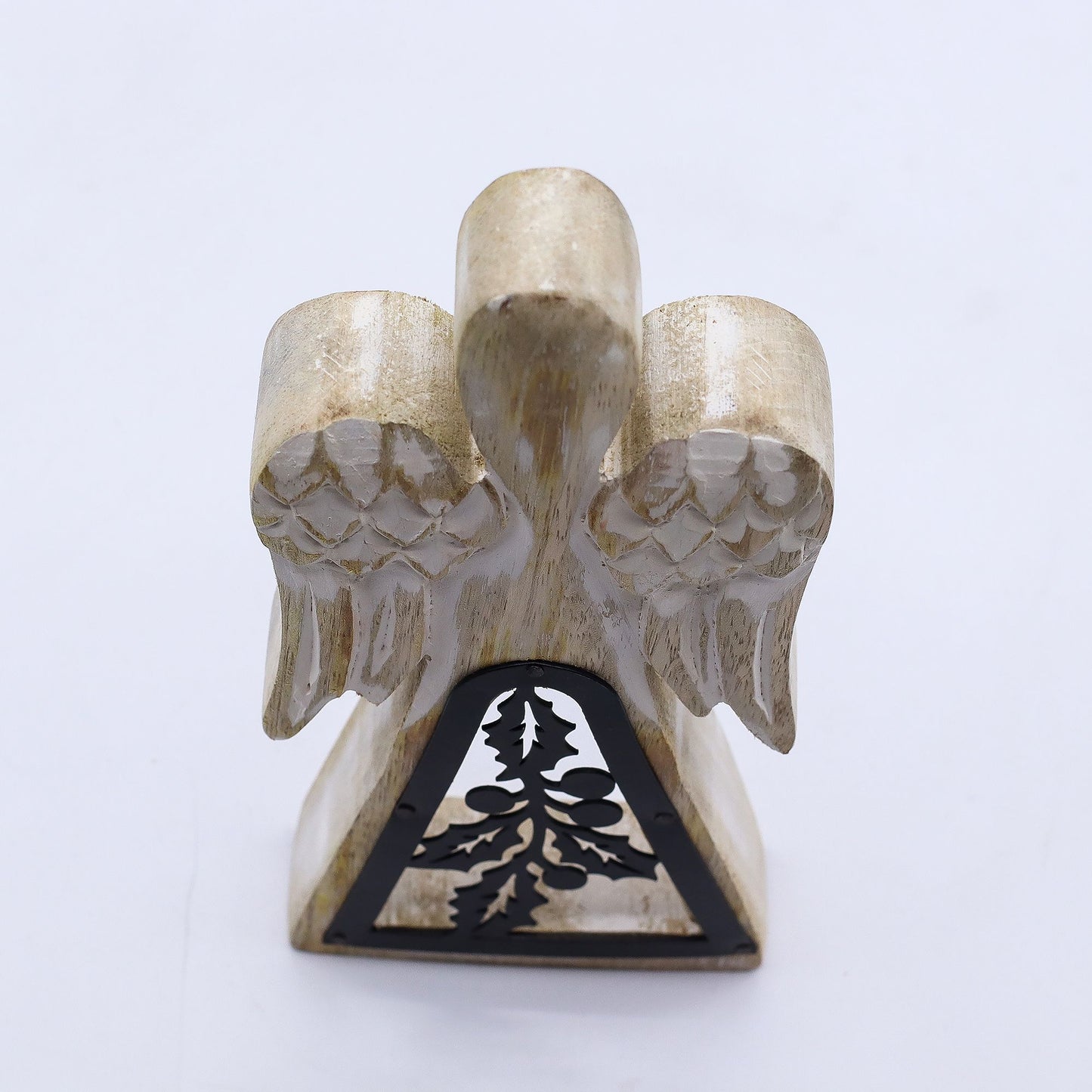 Ángel de madera de mango - acabado lavado blanco con recorte decorativo de hierro