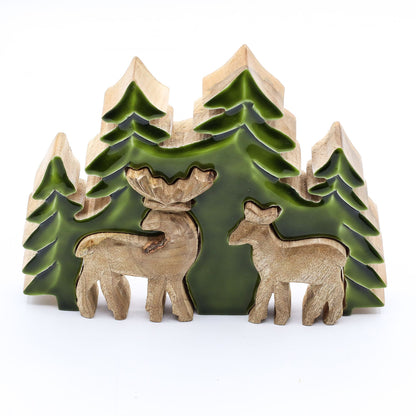 Perdido en el bosque - Dos ciervos en el bosque  Decoración de madera 3D - 18x23cm