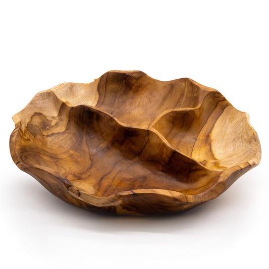 Frutero redondo liso de madera de teca de tres secciones - 30x5.5cm
