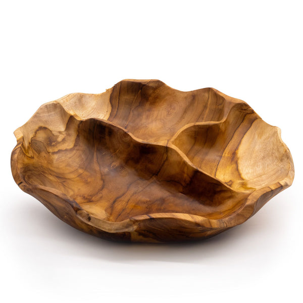 Frutero redondo liso de madera de teca de tres secciones - 30x5.5cm