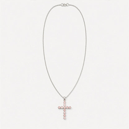 Colgante devocional de la India - Chapado en plata (cadena de 45 cm) - Crucifijo de cuarzo rosa