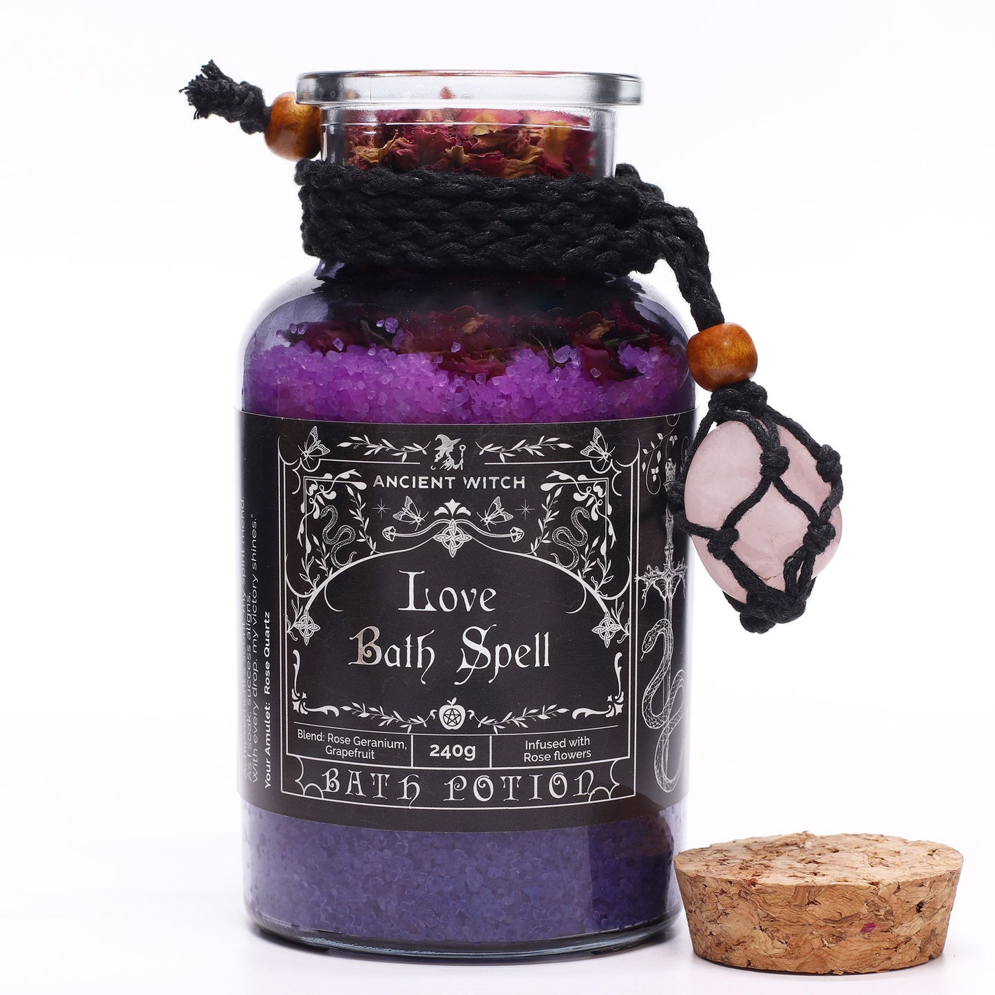 Antiguo hechizo de baño de bruja, poción y amuleto de cristal de cuarzo rosa - Amor