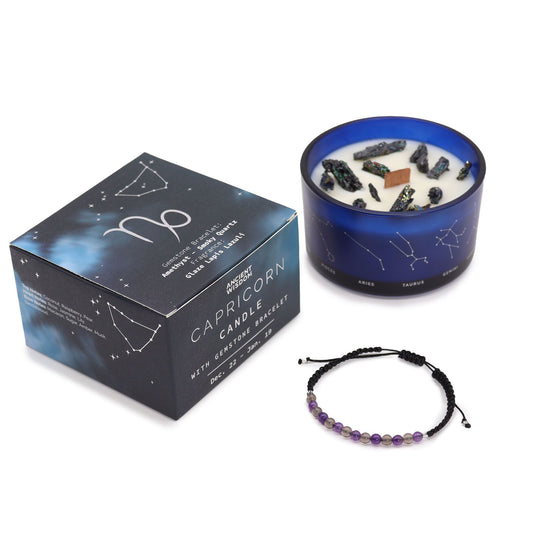 Vela de Cristal del Zodiaco con Pulsera de Piedras Preciosas - Capricornio - Velas de cristal del zodiaco con brazalete de pi