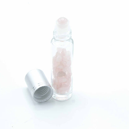 Botella de rodillo de aceite esencial de piedras preciosas - Cuarzo rosa - Tapa plateada - Botellas Roll-on con gemas 10ml