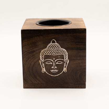 Gran quemador de aceite de madera de mango cuadrado - Cara de Buda