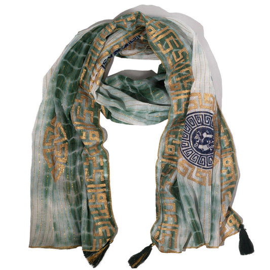Nomad Sari Verano Marbella Pañuelo estampado - Verde con Oro (180x50cm) | Colección Mediterránea Nomad Sari | El Bazar de Tiz