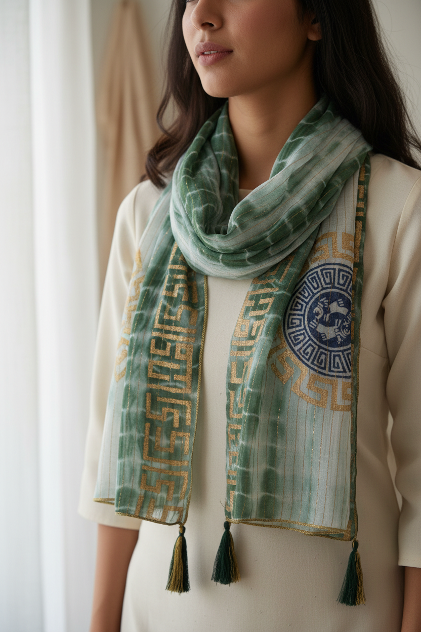 Nomad Sari Verano Marbella Pañuelo estampado - Verde con Oro (180x50cm)