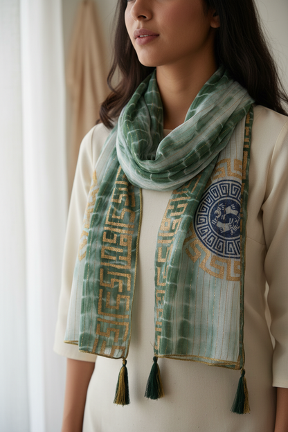 Nomad Sari Verano Marbella Pañuelo estampado - Verde con Oro (180x50cm)