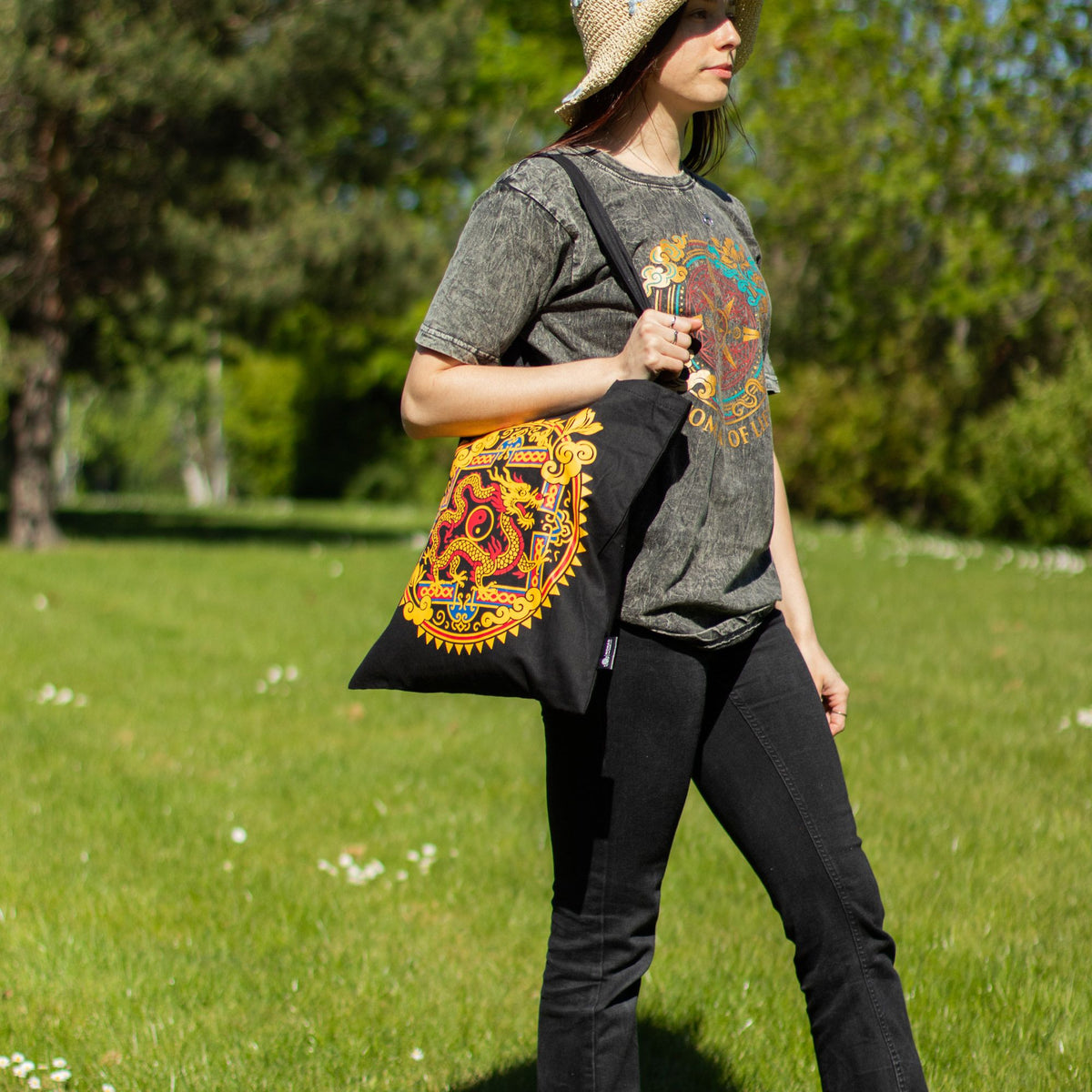 Bolso tote icónico y clásico - Dragón Yin y Yang - Negro 6 oz