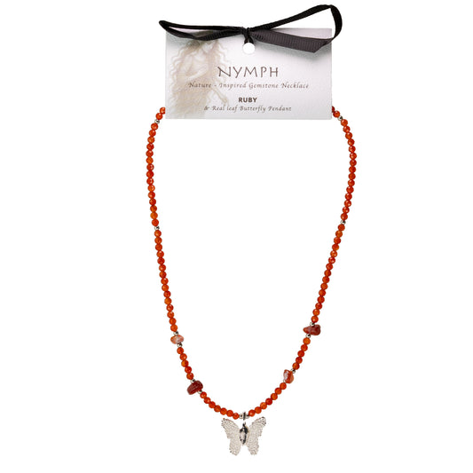 Collar de gema de rubí Nymph con colgante de mariposa hecho con una hoja real - Collares de gemas ninfa - Colgante de maripos