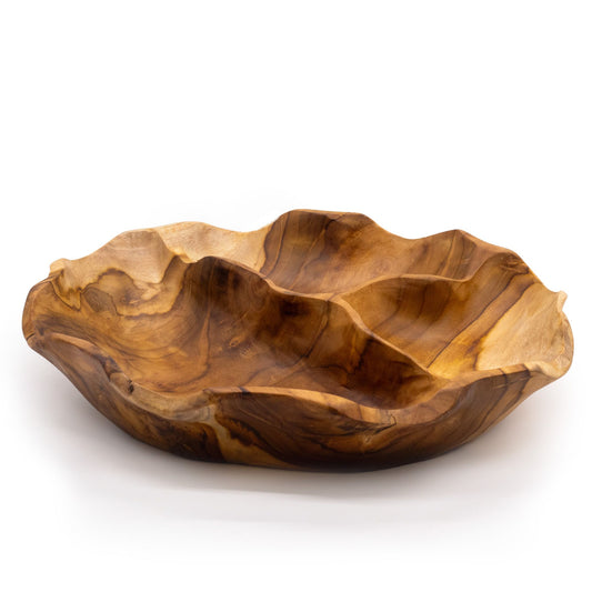 Frutero redondo liso de madera de teca de tres secciones - 30x5.5cm