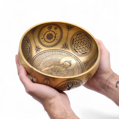 Cuencos Buda grabado en latón puro - Juego de 4 - Aproximadamente 3,85 kg - Artículos Tibetanos