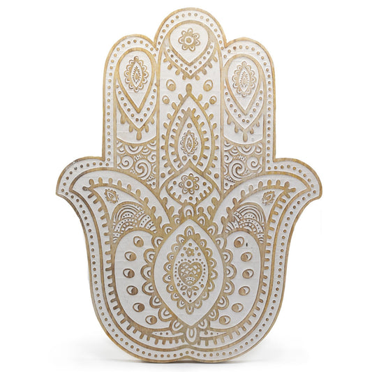 Hamsa Hand Mango Wood Wall Plaque - White