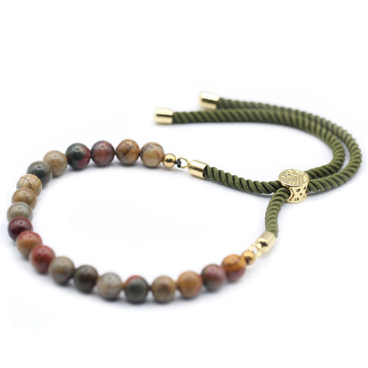 Green string bracelet with multicolor Jasper