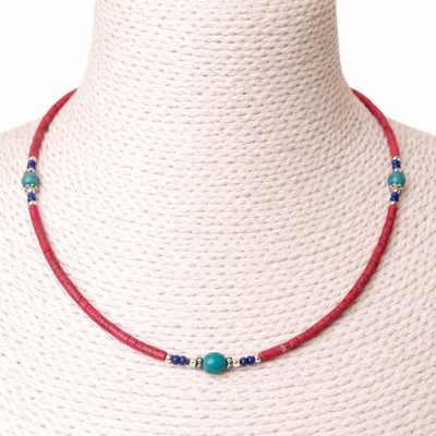 Collier népalais de pierres précieuses extrafines - perles de corail rose et turquoise