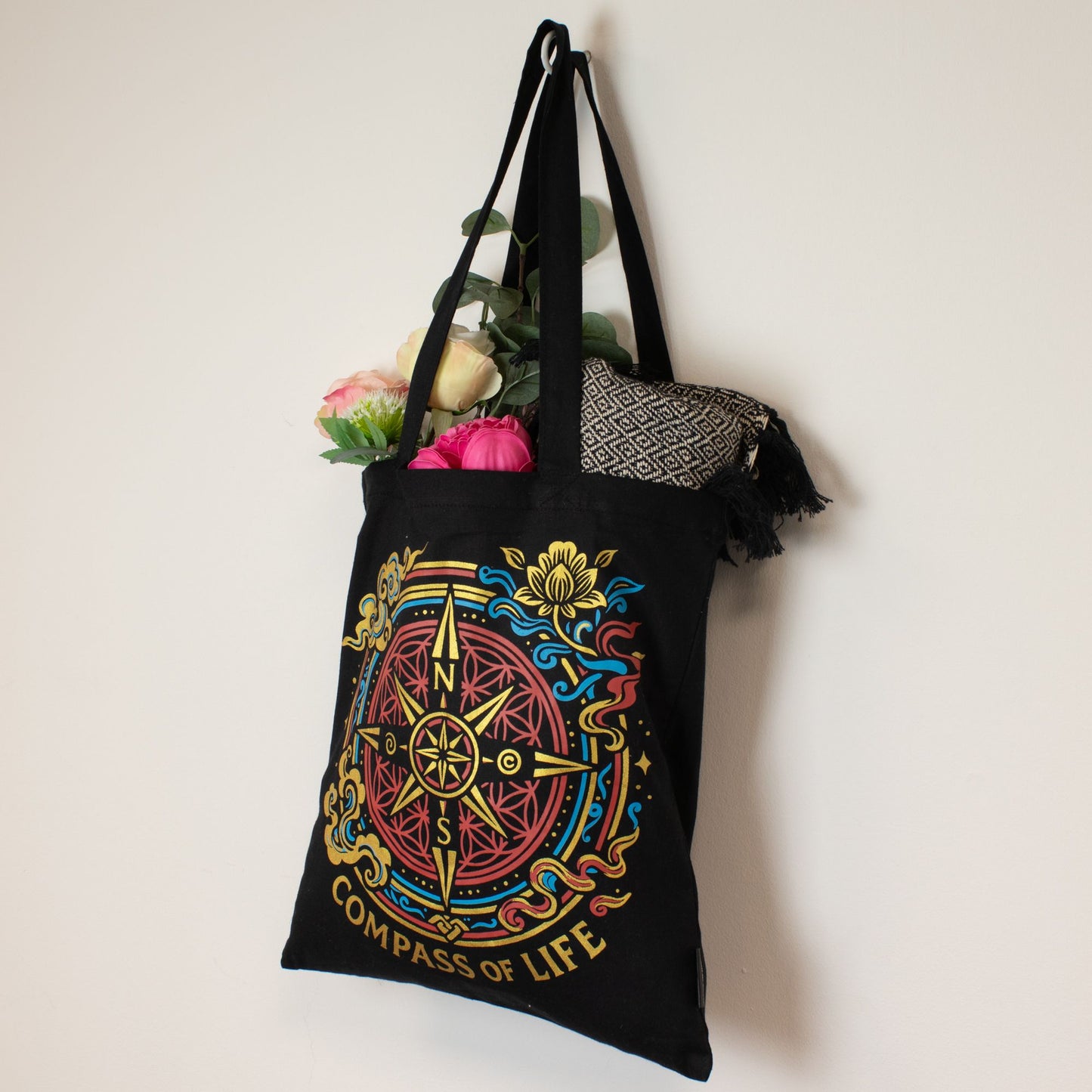 Bolso tote icónico y clásico - Brújula de la Vida - Negro 6oz