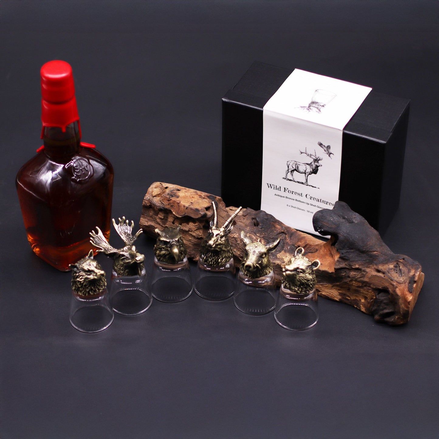 Conjunto regalo de 6 vasos de chupito (50 ml) - Criaturas Salvajes del Bosque - Bronce antiguo