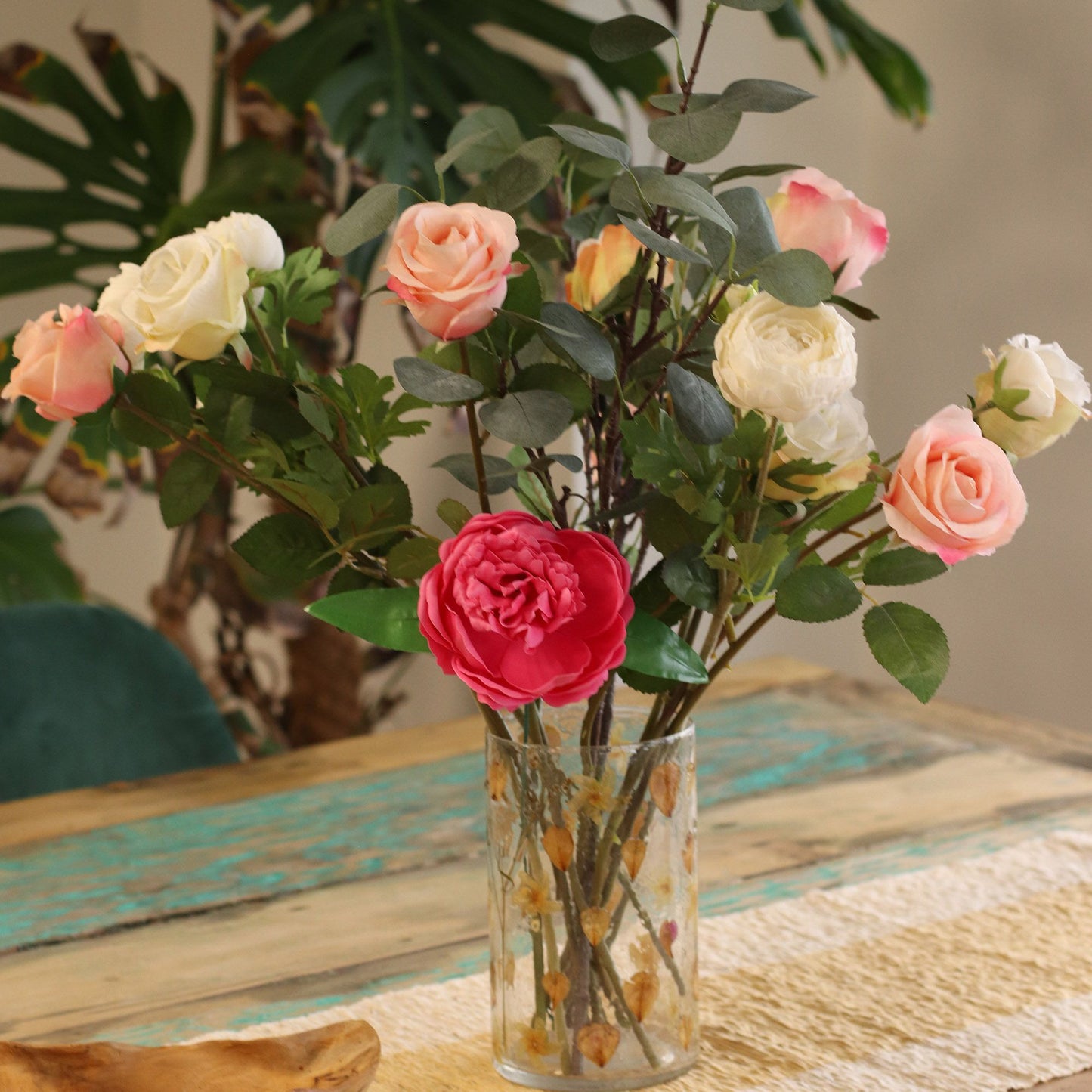 Portavelas jarrón alto de Vidrio floral natural - Rosa (19x11 cm)