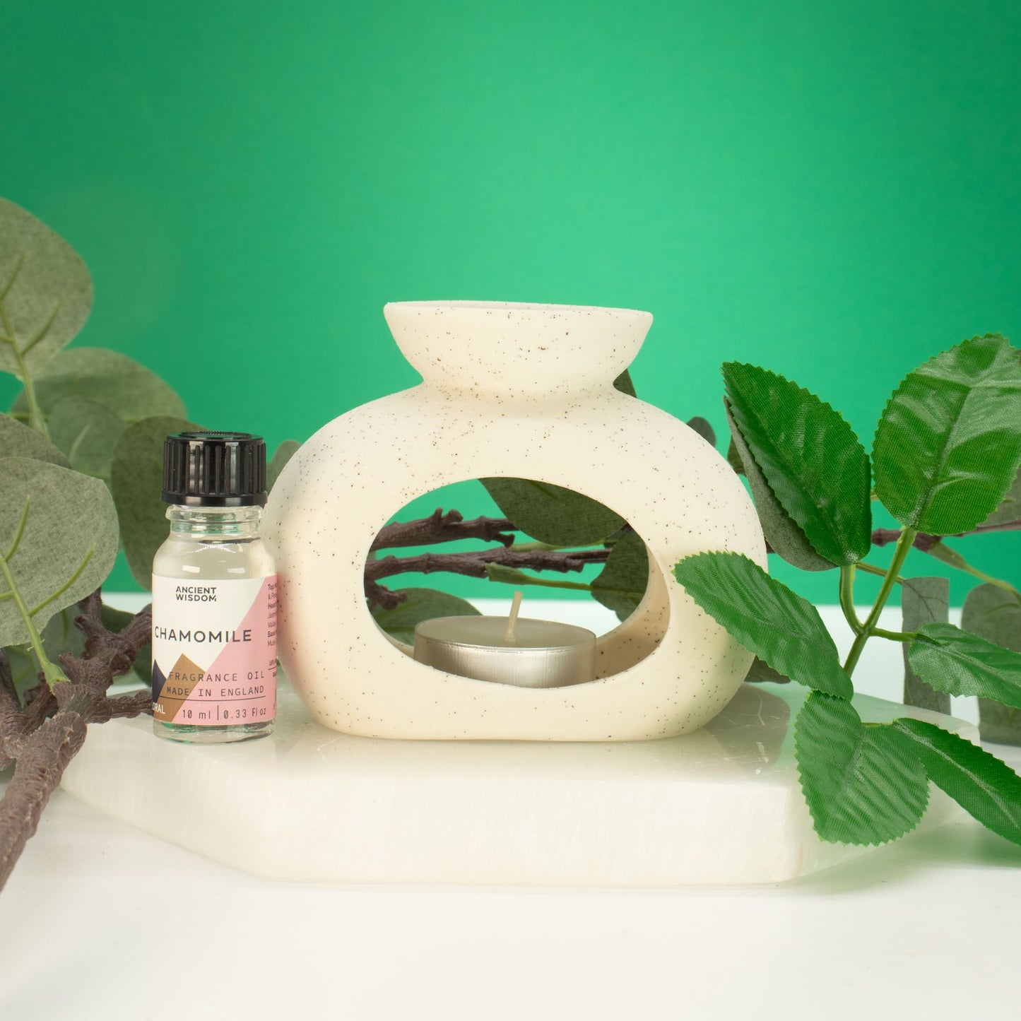 Quemador de Aceite Cerámico Zen - Guijarro Ovalado - Blanco Roto Moteado