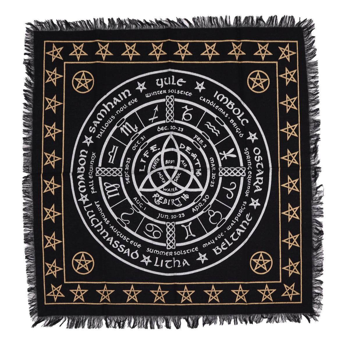 Mantel de altar esotérico con flecos - Vida Muerte Renacimiento - Mantel de altar esotérico con flecos, 100% Cotton