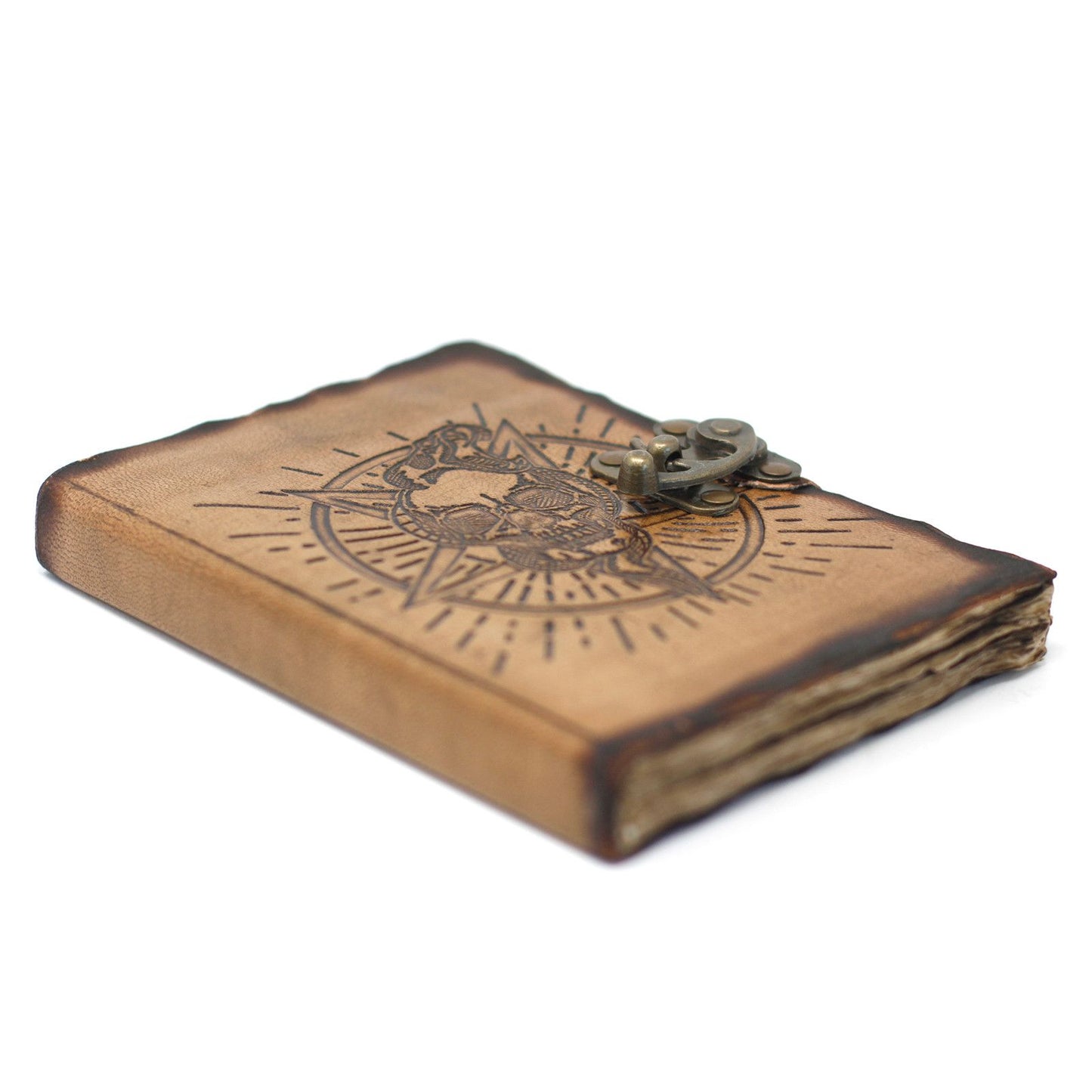 Cuaderno de Cuero Pentáculo y Calavera · Hojas Quemadas