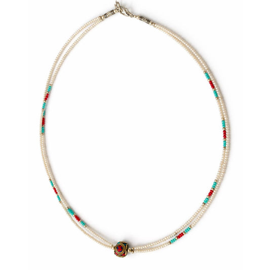 Collar nepalí extrafino de dos vueltas - Colgante de perla y turquesa