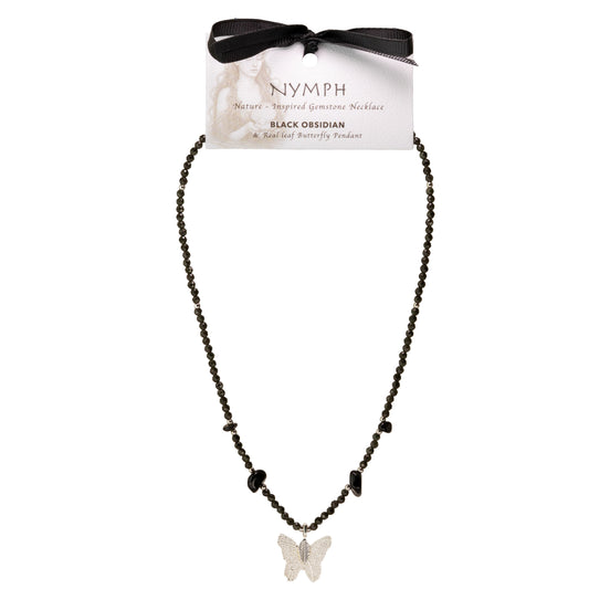 Collar de gema de obsidiana negra ninfa con colgante de mariposa hecho de una hoja real | Collares de gemas ninfa - Colgante
