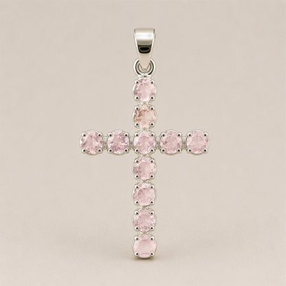 Colgante devocional de la India - Chapado en plata (cadena de 45 cm) - Crucifijo de cuarzo rosa