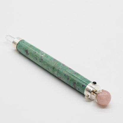 Varita de Corazón Verde - Rubí Fuchsite Cuarzo Rosa con bola de cristal en la parte superior - 23 cm